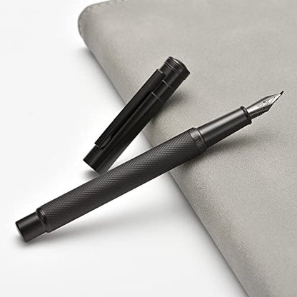 Brushed Black Forest Fude Pen, Bent Nib Calligraphy Fountain Pen (Fine to Broad) with Converter and Metal Box Set by Asvine - color: Black, style: Bent Point