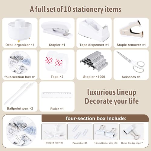 Gawsey White Desk Organizers and Accessories with Desk Organizer 360° Rotating Pen Holder and Office Supplies, Cute Stationery Supplies Set - color: White