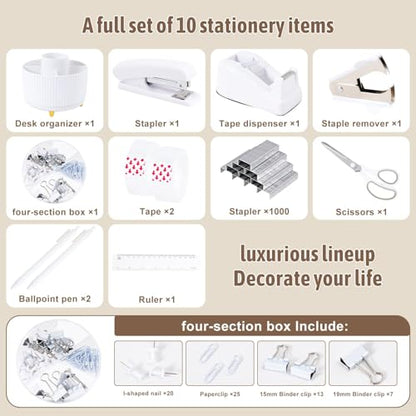 Gawsey White Desk Organizers and Accessories with Desk Organizer 360° Rotating Pen Holder and Office Supplies, Cute Stationery Supplies Set - color: White