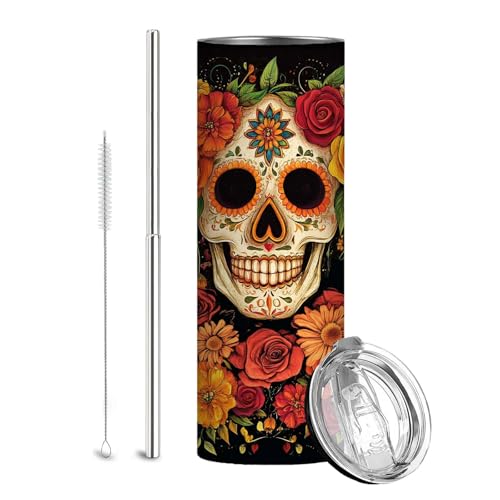 Firmiso 20 oz Tumbler｜Skinny Insulated Travel Mug｜Sugar Skull Floral Design Stainless Steel Cup with Lid and Telescopic Straw｜Gothic Boho Drinkware｜Day of the Dead Gift Idea for Women and Men - color: Sugar Skull