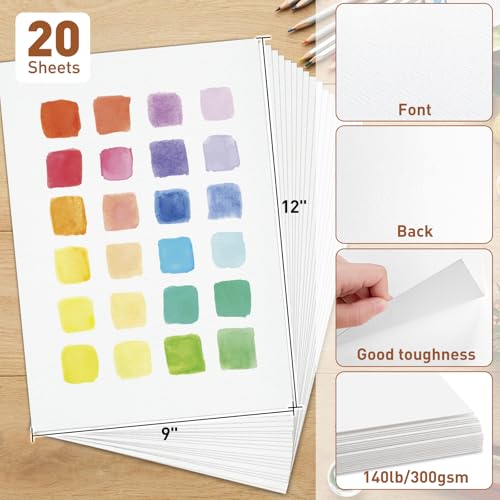 MAXECHO 20 Sheets Cold Press Watercolor Paper, 9" x 12" Cotton Water Color Drawing Paper, 140lb/300gsm Loose Acrylic Painting Artist Sketch Sheets, Art Supplies for Adults, Watercolor Paint Set