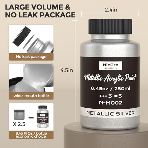 Nicpro Metallic Silver Acrylic Paint, 8.45oz/250ml Silver Leaf Paint | Non Toxic, Non Fading Art Craft Paints for Canvas, Wood, Clay, Fabric, Metal, Furniture, Art Supplies - color: Silver, size: 8.45 Fl Oz (Pack of 1)