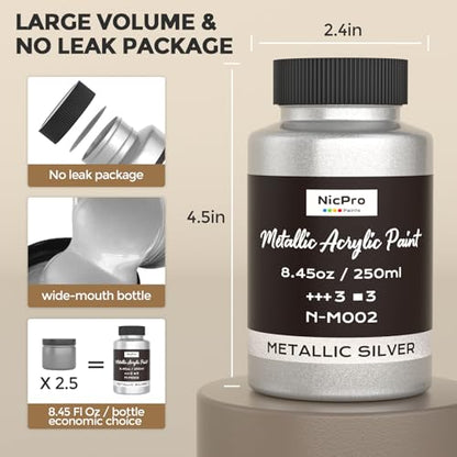 Nicpro Metallic Silver Acrylic Paint, 8.45oz/250ml Silver Leaf Paint | Non Toxic, Non Fading Art Craft Paints for Canvas, Wood, Clay, Fabric, Metal, Furniture, Art Supplies - color: Silver, size: 8.45 Fl Oz (Pack of 1)