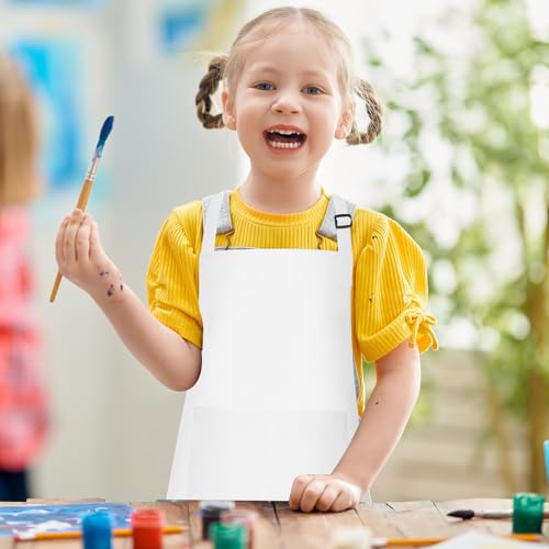 10 Pack Kids Apron Adjustable Children Apron with 2 Pockets Children Chef Painting Aprons for Cooking Baking Painting Crafts Making (White) - color: White
