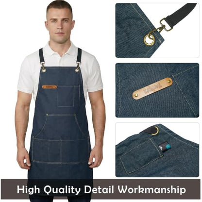 Professional Unisex Chef Apron – Cross-Back, Large Pockets, Water-Resistant Cotton Canvas - color: Navy Denim