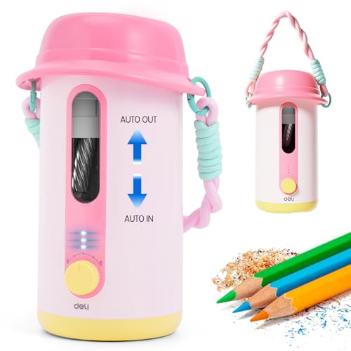 deli Electric Pencil Sharpener, Fully Automatic Pencil Sharpener, Pink | for 6.9-10.8mm Colored/Jumbo Pencils, Auto in & Out,Rechargeable Hands-Free Sharpener for Home/Office, Low Noise - color: Pink
