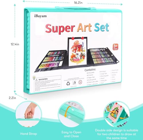 iBayam Art Supplies for Adult, Art Set Case, Trifold Easel, Scratch Paper | Sketch Pad, Coloring Book, Crayons, Pencils, Oil Pastels, Watercolors, Sharpener, Arts and Crafts for kids 4-16 Year Old - color: Green