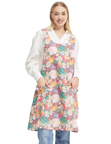 Cozy Adjustable Cross Back Aprons for Women with Pockets Cotton Linen Cooking Kitchen Baking - color: Flourishing Splendid