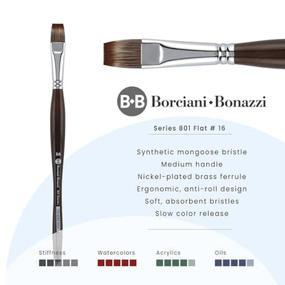 Borciani e Bonazzi Unico Synthetic Mongoose Artist Paint Brush - Series 801 Flat - Size #16 - Watercolors, Oil & Acrylic Paint - Handcrafted in Italy, Anti-Roll Design, Ergonomic Medium Handle - size: 16