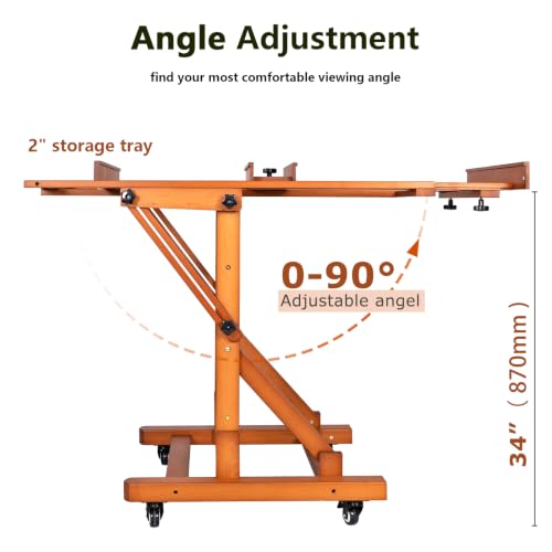 DJAR Extra Large H-Frame Studio Art Easel with Lockable Casters, Walnut | Movable Wooden Tilts Flat Heavy Duty Floor Stand, Solid Beech Wood Art Easel For Artists, Hold 1 or 2 Canvas up to 79"