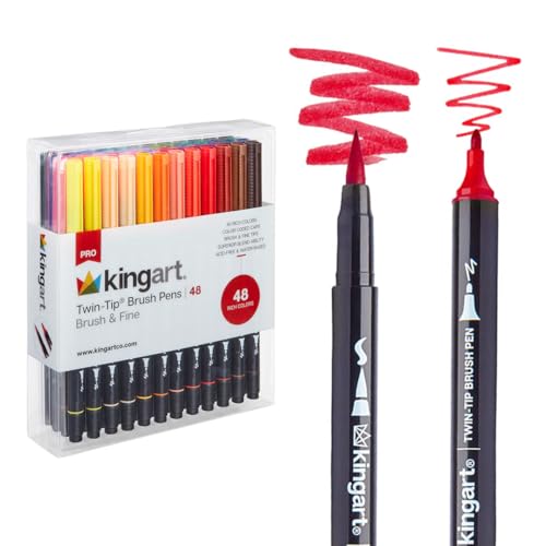 KINGART PRO 445-48 Dual Twin-Tip Brush Pens, Multicolor, 48-Colors | Flexible Brush Tip & Fine Point Nib, Water-Based Blendable Ink, Non-Toxic & Acid-Free, Ideal For Calligraphy & Sketching
