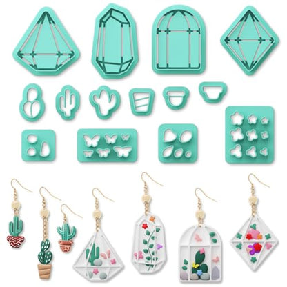 ORIGACH 14 Pcs Terrariums and Cactus Polymer Clay Cutters Set | Flower House Design Clay Cutters for Polymer Clay Jewelry Earrings with a Clear Storage Box - style: Terrariums & Cactus