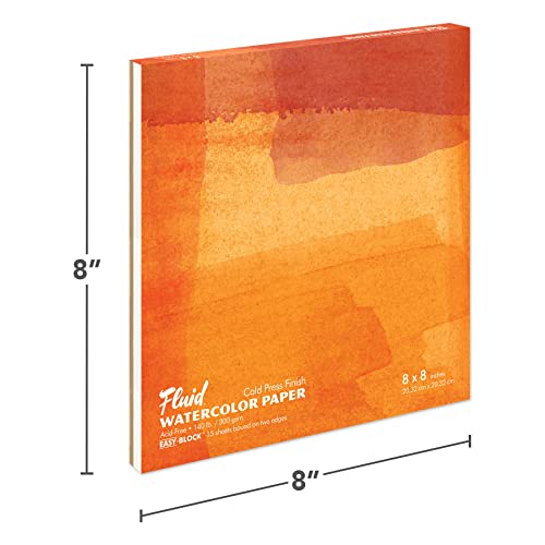 Fluid Watercolor Paper Block, 8 x 8 inches, 15 Sheets, 140 lb (300 GSM) Cold Press Pad for Artist Painting and Wet Media - size: 8 x 8 Block