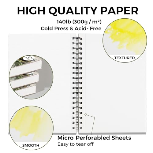 Funto Watercolor Pad 10x7, 3-Pack, 90 Sheets, 140 lb/300 GSM, Double-Sided, Cold Press, Spiral Bound, Heavyweight Paper for Watercolor Painting - color: 10x7-Green-3 Pack