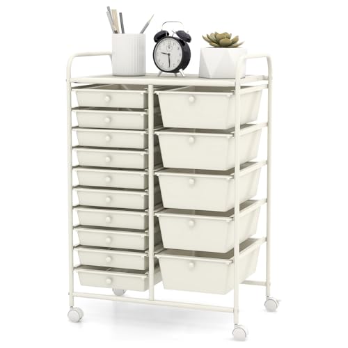 DREAMADE Rolling Cart with 15 Drawers, Rolling Drawer Organizer Cart w/Lockable Wheels, Removable & 2-Sized Storage Drawers, Art Cart for School Home Art Supplies Crafts File Scrapbook - color: White, size: 25"L x 14.5"W x 34.5"H