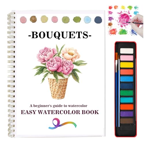 Watercolor Workbooks Coloring Book Beginner Friendly Painting Kit Easy Nature Scenes Paint Set Art Crafts for Creative Exploration Gift for Adults (Bouquets, with Palette) - color: Bouquets, size: with Palette