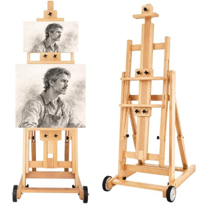Studio H-Frame Easel with Tilting & Flat Position, Natural | Sturdy Adjustable Beech Wood Painting Easel for Painting, Holds Canvas Art up to 77" - style: Natural