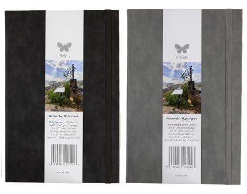 Pleinly 100% Cotton Watercolor Sketchbook Journals – 2 Pack Hot & Cold Press, 8x12” Large, 140lb (300gsm), 26 Sheets Each, Portrait, Type-L Paper with Internal & External Sizing, Hard Cover, Lay Flat - size: Hot & Cold Pressed 12x8" Type L (1+1pcs)