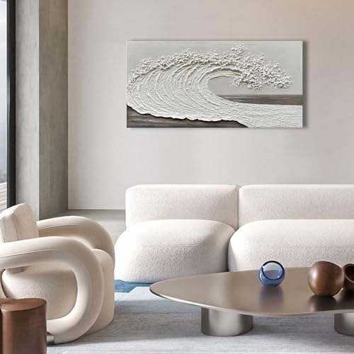 NANKAI Art 24x48 inch Hand-Painted 3D Ocean Waves Oil Painting Natural Scenery White Abstract Canvas Art Mural - color: Nkhb251