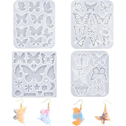4 Piece Resin Earring Molds ， 47 Unique Shapes UV Butterfly Resin Molds with Holes Ideal for DIY Silicone Earrings Necklaces Jewelry and Animal Designs Creative Art Gifts - color: butterfly