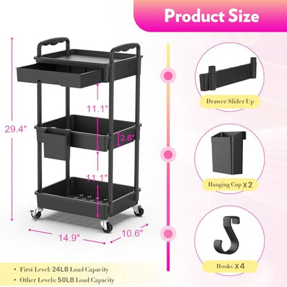 SUNALLY Makeup Cart Organizer with Drawer,3 Tier Rolling Makeup Cart, Black - color: Black, size: 3 Tier