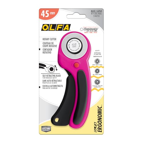 OLFA 45mm Ergonomic Rotary Cutter (RTY-2DX/MAG) - Endurance Blade, Magenta | 45mm rotary cutter, Endurance tungsten-steel blade, dual-action safety lock, squeeze grip - Quilters and Crafters