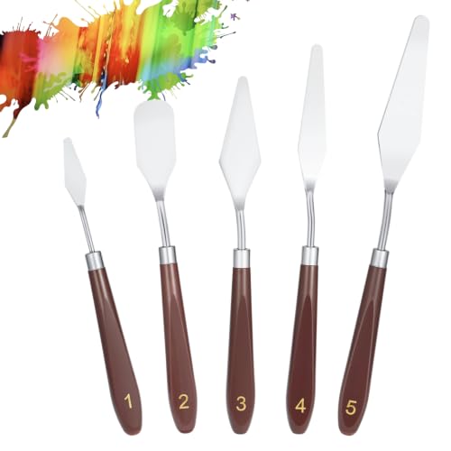 5PCS Stainless Steel Palette Knife Set, 5 Sizes Oil Pastel Tools | 5 versatile sizes for mixing & texturing. Ergonomic handles for comfortable grip. Great for oil, pastel & cake decorating.