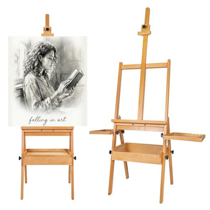 Falling in Art Large Wooden Painting Easel with Storage Drawer and Palettes | H-Frame Studio Easel Stand Holds Canvas up to 36 Inches, Suitable for Adults, Beginners, and Artists, Natural - style: Natural
