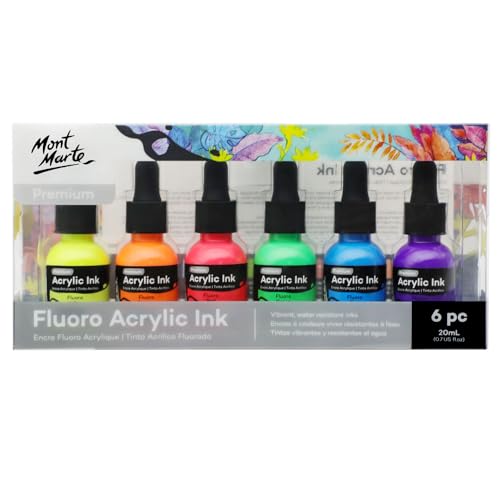 Mont Marte Acrylic Ink Premium 6pc x 20ml (0.7 US fl.oz), Acrylic Inks for Artists, Fluoro Colors, Ideal for Air Brush, Pouring Art, Scrapbooking, Ink Drawing, Mixed Media - color: Fluoro 6pc, size: 0.7 fl oz