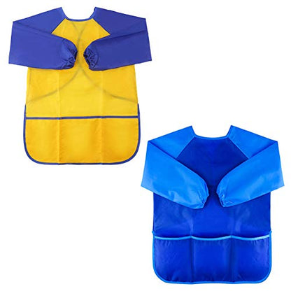 Zkptops 2 Pack Kids Art Smock Colorful Waterproof Children Art Aprons Artist Painting Aprons with Long Sleeve 3 Roomy Pockets for Age 3-7 Years,Yellow and Blue - color: 2 Pack Blue/Yellow