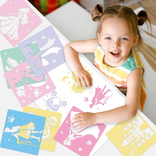 36Pcs Princess Drawing Stencils for Kids 8 Inch Reusable Fairy Sidewalk Chalk Stencil Large Fairytale Castle Stencils Princess Theme Primary Shape Template for Kids Toddlers Drawing Wall Home - style: Fairytale