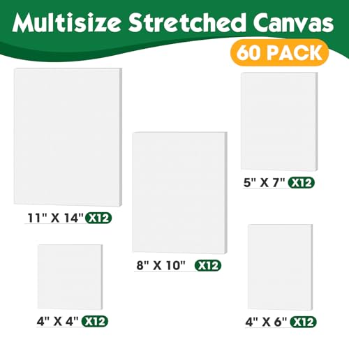 ESRICH Stretched Canvas for Painting, 60 Pack Multi Size11x14, 8x10, 5x7, 4x6, 4x4, Blank Primed Canvases for Oil & Acrylic Painting, Painting Canvas Supplies for Beginners, Artists(12 of Each). - size: 60PCS-5sizes（12 of Each）