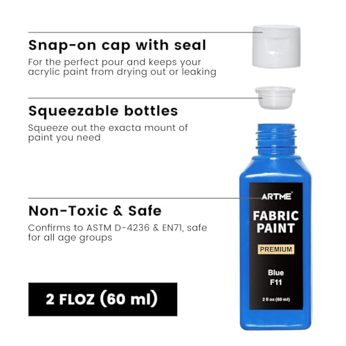 Artme 24 Colors Fabric Paint (60ml/2oz), Permanent Soft Fabric Paint Set with 10 Brushes, Palette, Stencils, Non-Toxic Waterproof Textile Paint for T-Shirts, Jeans, Shoes, Bags, DIY Crafts