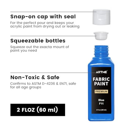 Artme 24 Colors Fabric Paint (60ml/2oz), Permanent Soft Fabric Paint Set with 10 Brushes, Palette, Stencils, Non-Toxic Waterproof Textile Paint for T-Shirts, Jeans, Shoes, Bags, DIY Crafts