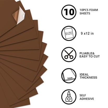 MEARCOOH Self Adhesive Foam Sheets, Brown 9x12 Inch 2mm Sticky Eva Foam Paper for Crafts Cardmaking Photo Frames Classroom Scrapbooking Christmas Crafts (Brown 10 Sheets) - color: Brown Self-adhesive, size: 9X12in-2mm
