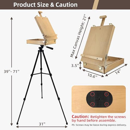 French Style Easel with Beech Wood & Aluminum Tripod | Light Weight Plein Air Easel- Adjustable Sketch box Tripod for Outdoor & Studio Painting, Sketching - color: Nature