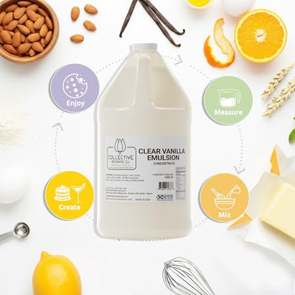 Collective Aromas Co. Clear Vanilla Emulsion for Baking, Clear Vanilla Flavoring for Frosting, Royal Icing, Cookies & Cakes, Heat-Stable Liquid, Alcohol Free, Kosher, 1 Gallon (128 fl oz), Made in USA - size: Clear Vanilla - 1 Gallon (128 fl oz)