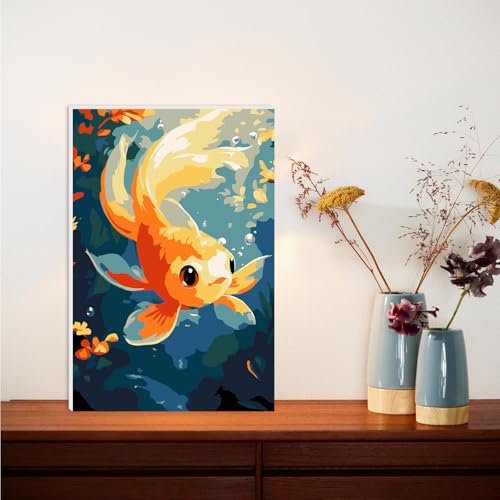 Lxmsja Koi Fish Paint by Numbers Kit for Adults, Underwater Plants Acrylic Paint by Numbers for Adults Beginner, DIY Craft Supplies Oil Painting Kits for Home Wall Decor 8x12 inch (Framed) - color: yellow#113