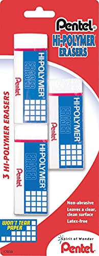 Pentel Hi-Polymer Block Eraser, Large, White, Pack of 3 (ZEH10BP3-K6) - size: 3 Pack