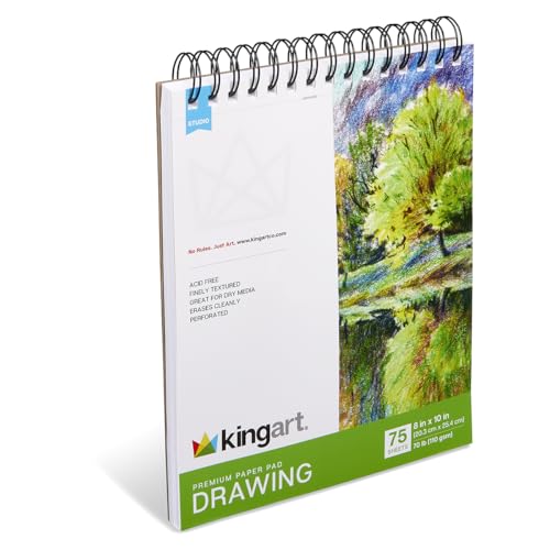 KINGART Drawing Paper Pad – 8x10 Inch, 1-Pack – 75 Sheets (70 lb / 110 GSM), Textured Acid-Free Paper – Top Spiral-Bound Sketchbook for Dry Media