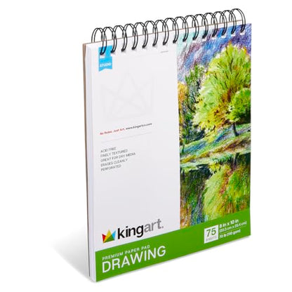 KINGART Drawing Paper Pad – 8x10 Inch, 1-Pack – 75 Sheets (70 lb / 110 GSM), Textured Acid-Free Paper – Top Spiral-Bound Sketchbook for Dry Media