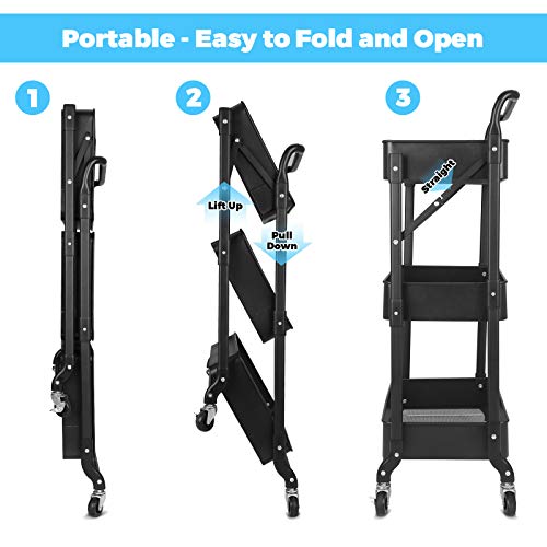 Foldable 3 Tier Metal Utility Rolling Cart, Folding Mobile Multi-Function Storage Trolley Organizer Cart for Home Library Office(Black) | Collapsible Rolling Storage Cart with 3 Hanging Cups, Folding Storage Trolley Organizer Cart for Home Office Kitchen(