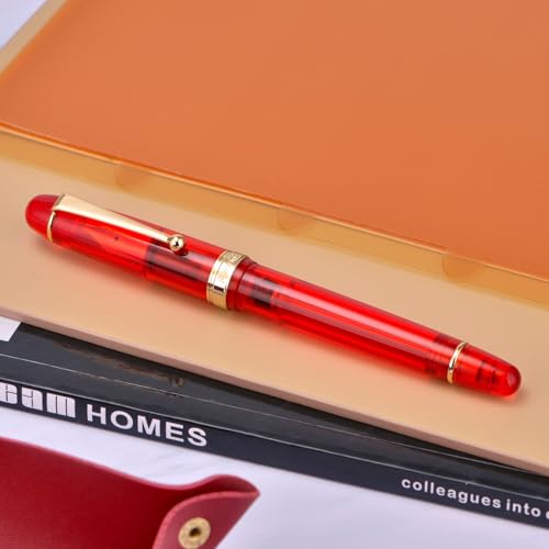 Asvine V126 Vacuum Filling Fountain Pen, Transparent Red Acrylic Stub Nib 1.1mm Calligraphy Art Drawing with Case Set - color: Transparent Red, style: Stub Nib