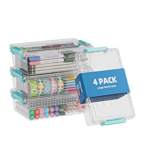 BiuLeon 4 Pack Extra Large Pencil Box, Plastic Pencil Case Organizer, Clear Crayon Box Marker Organizer, Stackable Craft Organizers and Storage for Pen, Craft, Art Supply(Green) - color: Green