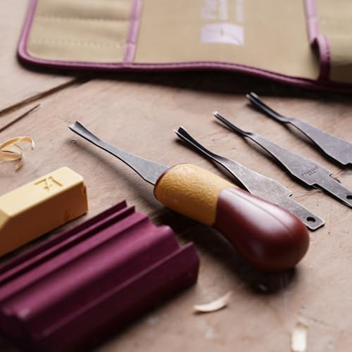 FLEXCUT SK130 5-Piece Lino & Relief Printmaking Set, Carbon Steel Blades (SK306, SK309, SK803, SK307), Quick Connect ABS Handle, Tool Roll, Strop & Honing Compound – 12 oz, Made in USA