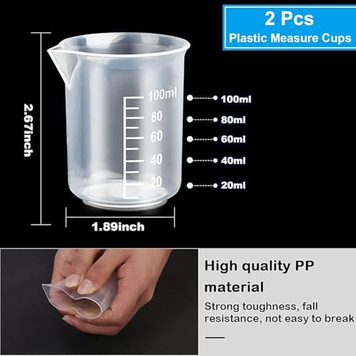 Measuring Cups Kit - 5 Pcs 30ml, 2 Pcs 100ml Plastic Measuring Cups, Paint Resin Mixing Cups, Medicine Graduated Measure Cups with 5 Pcs Mixing Sticks, 10 Pcs Finger Cots and 5 Pc Transfer Pipettes - color: 2 Pcs 100ml + 5 Pcs 30ml Kit