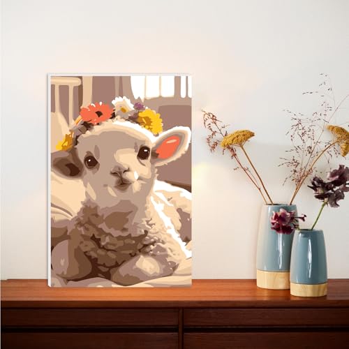Lxmsja Fluffy Lamb Paint by Numbers Kit for Adults, Lamb Flower Acrylic Paint by Numbers for Adults Beginner, DIY Craft Supplies Oil Painting Kits for Home Wall Decor 8x12 inch (Framed) - color: white#091