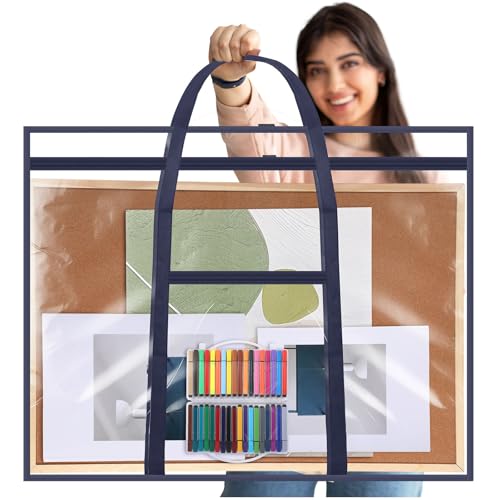 Huhumy Large Art Portfolio Case 48" x 36" Poster Storage Bag Bulletin Board Holder Container PVC Folder with Zipper Handles Pocket for Teachers Artist Artwork Organization (Blue,Clear) - color: Blue, style: Clear
