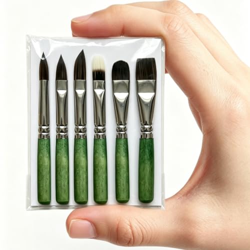Short Handle Watercolor Brush Set,6-Piece Professional Paint Brushes for Detail Acrylic Painting,Synthetic Squirrel Travel Art Paintbrushes – Round,Dagger,Liner,Cat’s Tongue,Texture,Flat - color: Green