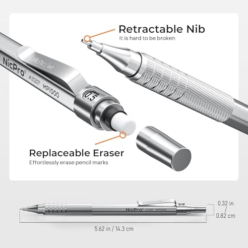 Nicpro 45PCS Black & Silver Metal Mechanical Pencil Set in Leather Case, Art Drafting Pencil 0.5, 0.7, 0.9 mm, 2mm Lead Holders for Sketching Drawing With 27 Tube (6B 4B 2B HB 2H 4H Colors)Lead Refill | Art Drafting Pencil 0.5-0.9 mm, 2mm Lead Pencil Hold